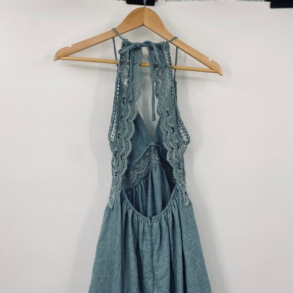 Hello Molly Crochet Detail Mini Swing Dress Halter Open Back V Neck Turquoise XS - Picture 6 of 9